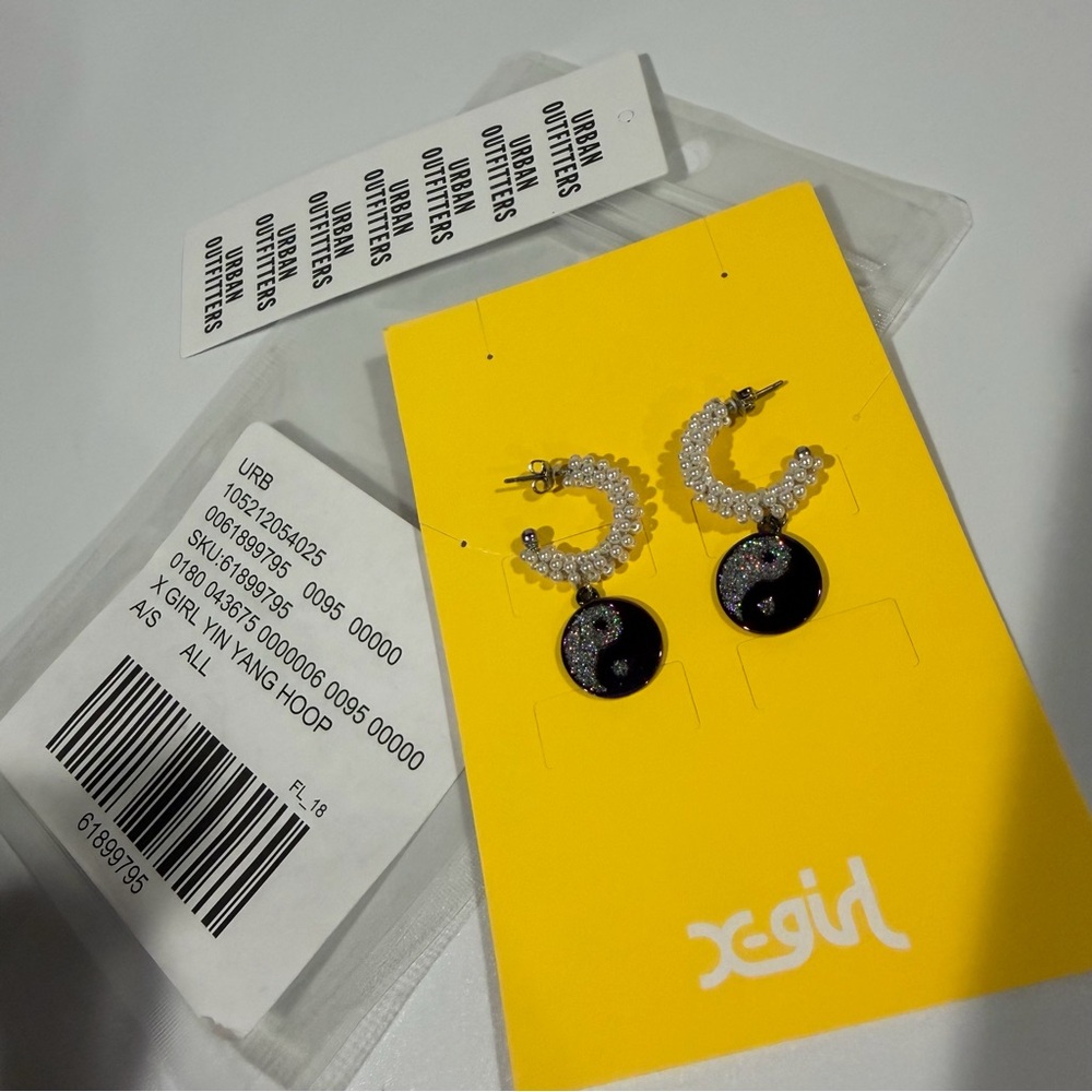 Rare New with Tag X-Girl Rainbow Yin Yang Iridescent Glitter Pearl Hoop Earrings